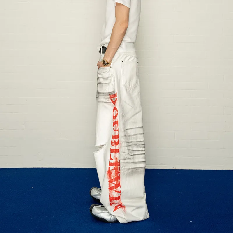 HKSH Spring Summer New Men Tide Distressed Brush Pattern Rubber-print Ripped Jeans Casual Loose Wide-leg Denim Pants Ins HK21889