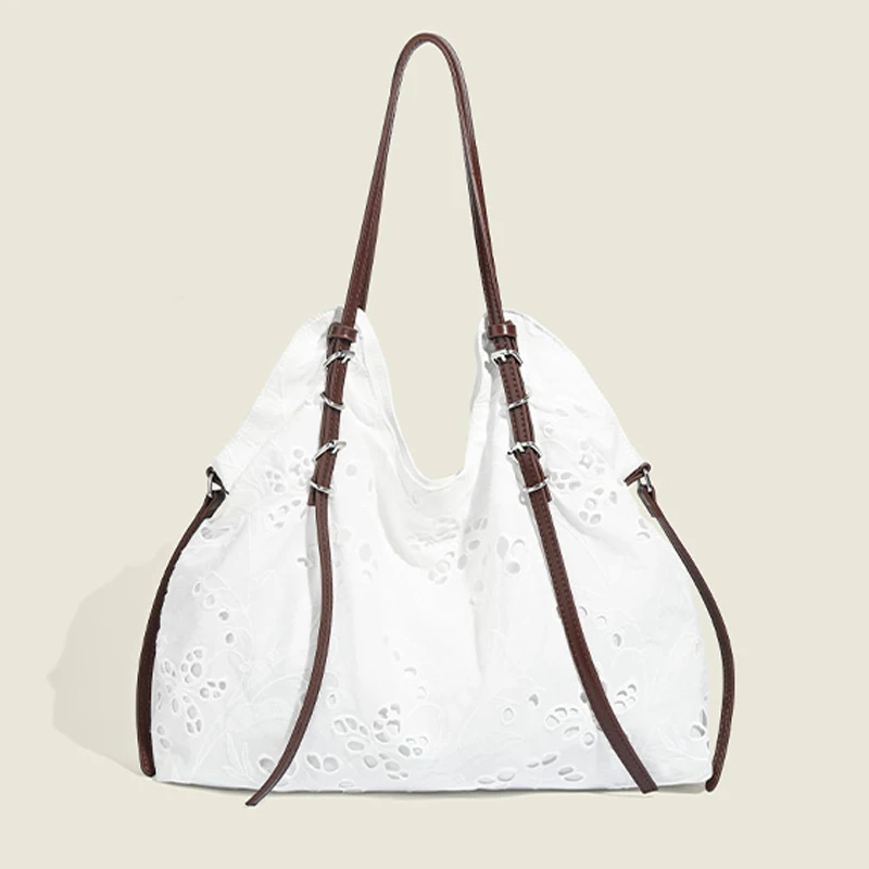 White Large Capacity Bucket Bags For Women Luxury Designer Handbag Purses 2024 New In Fashion Embroidery Lace Shopping Shoulder