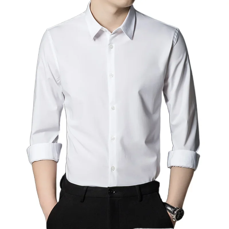 Bamboo Fiber solid color elastic long-sleeve shirts for men slim fit formal plain shirt england style white shirt office clothes