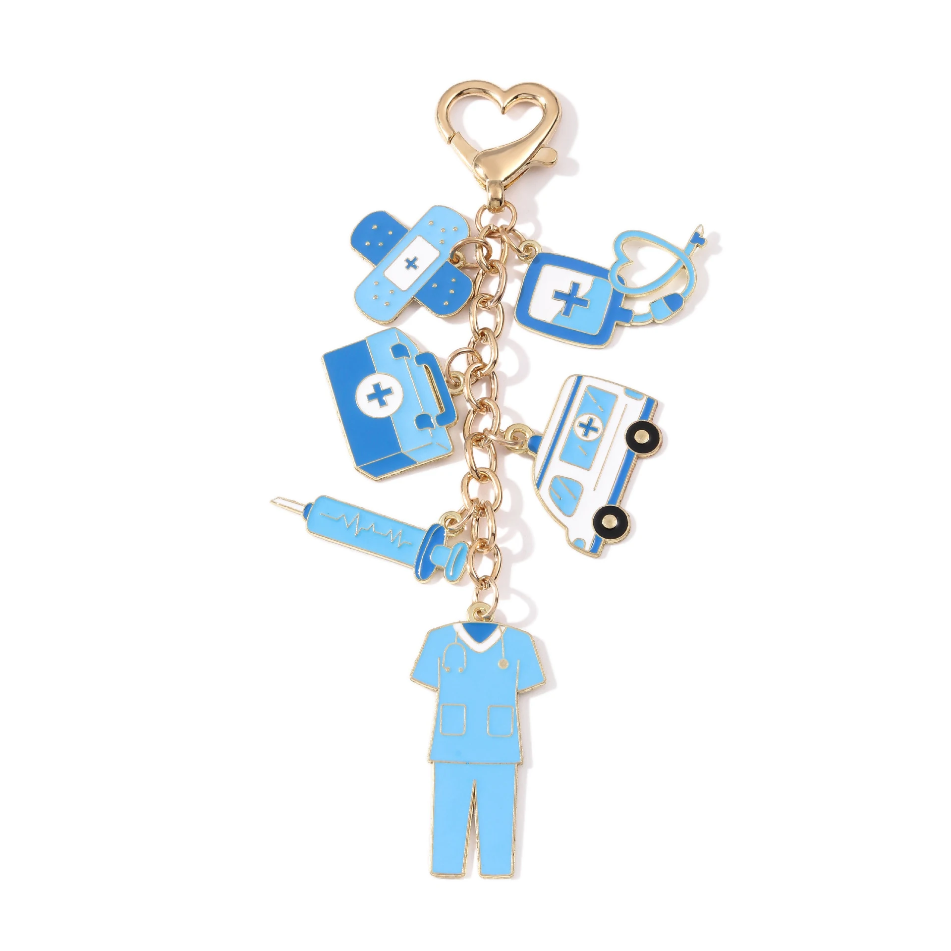 Blue Medical Enamel Keychain Heart Clip Syringe Ambulance Stethoscope Charm Nurse Doctor Jewelry Gift Bag Keyring Pendant