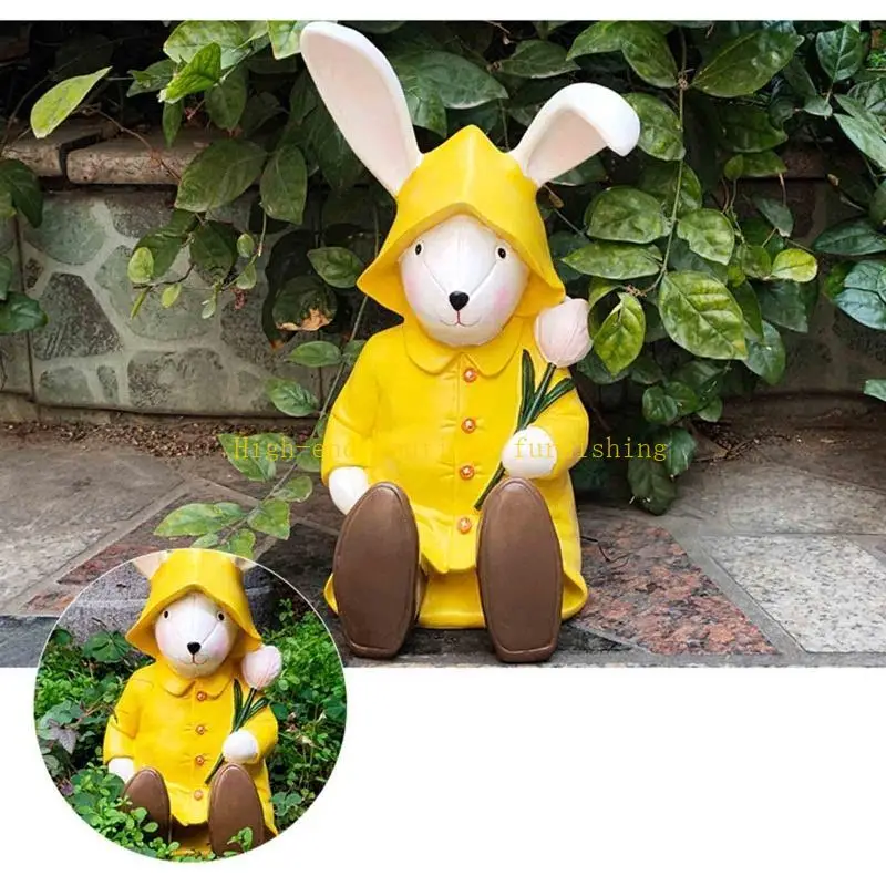 L9NB Easter Raincoat Rabbit Sculpture Simulation Animal Statue Resin Figurine for Home Indoor Outdoor Garden Decoration