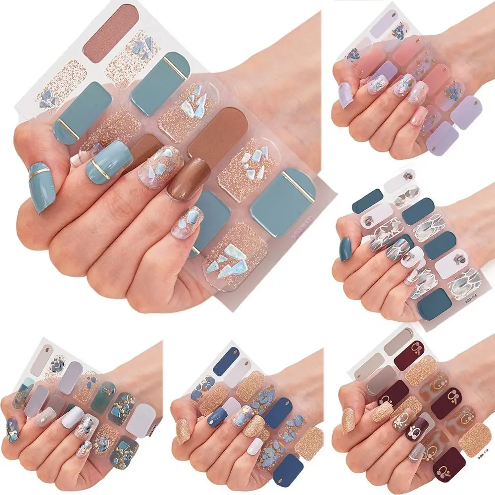 1 Vel/14 Stuks Strips Gel Nagelstickers Eenvoudige Semi-Uitgeharde Gel Full Nail Wraps Glinsterende Nail Art Stickers Diy Nail Art Maken