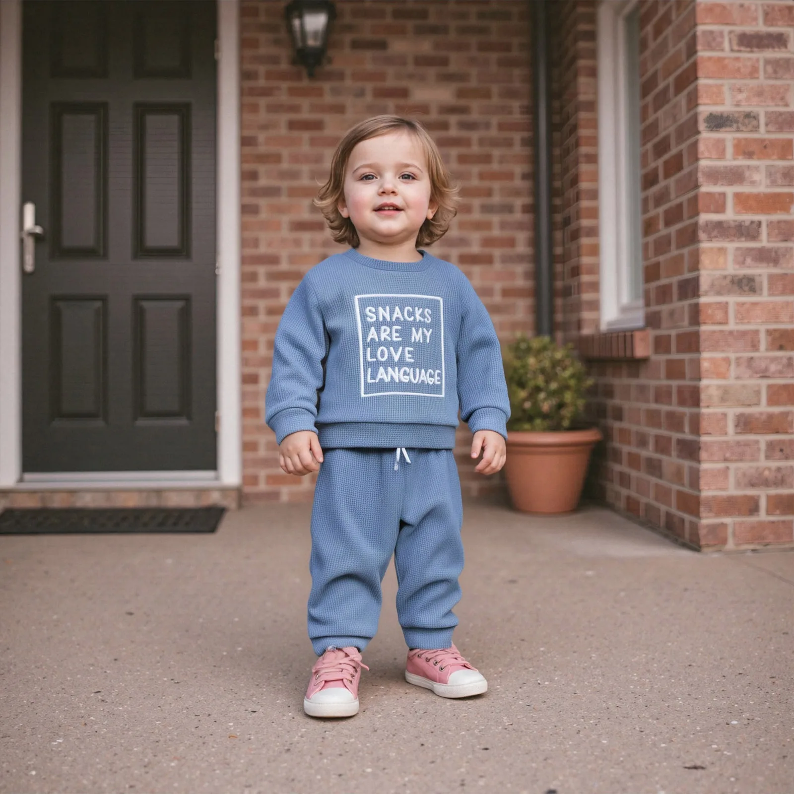 

Одежда для малышей, осенний комплект из 2 предметов для мальчиков, вафельный пуловер с длинными рукавами и круглым вырезом, пуловер с вышивкой букв, комплект однотонных штанов