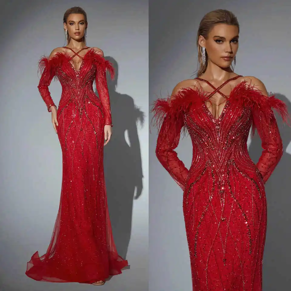 Luxurious Mermaid Evening Dress Long Sleeve Beaded Feather Crystal Prom Gowns Floor Length Formal Party Dresses Customized
