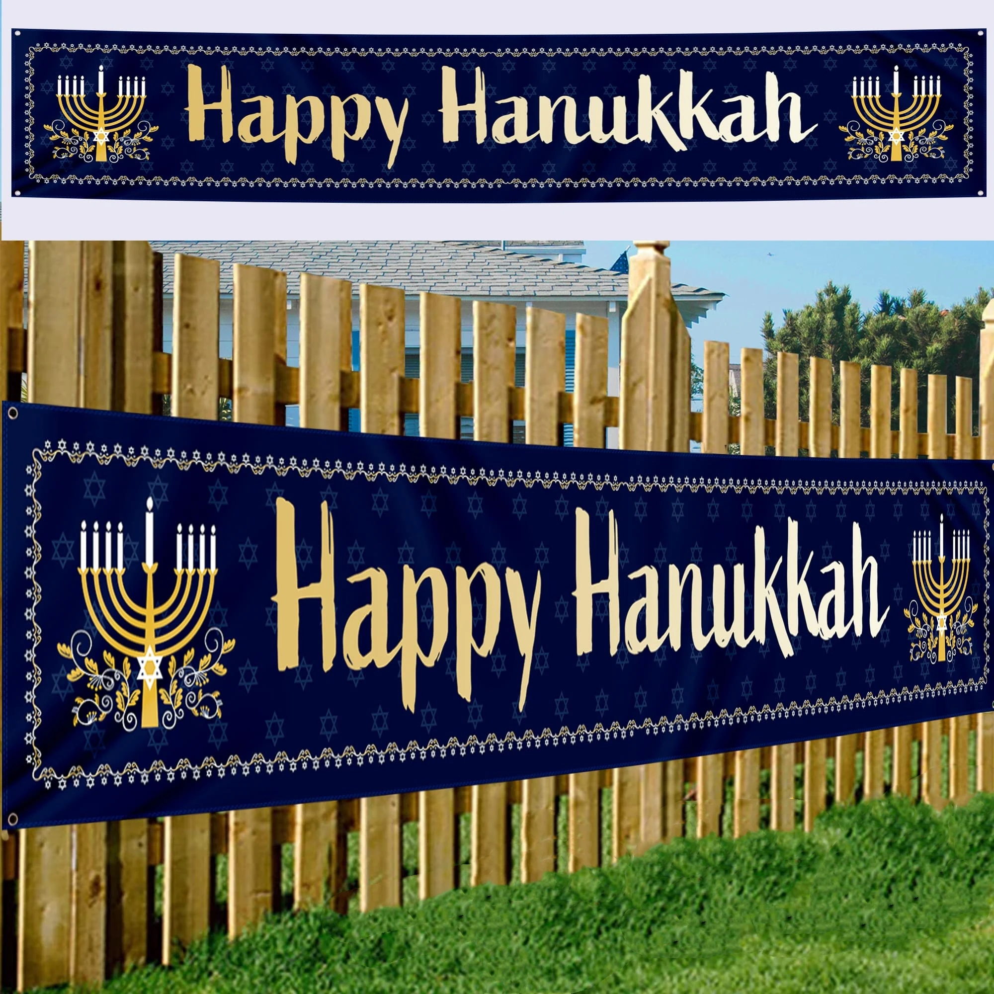 Happy Hanukkah Banner Chanukah Star of David Menorah Party Decorations for Home Outdoor Yard Sign Festive Decor Party Supplies