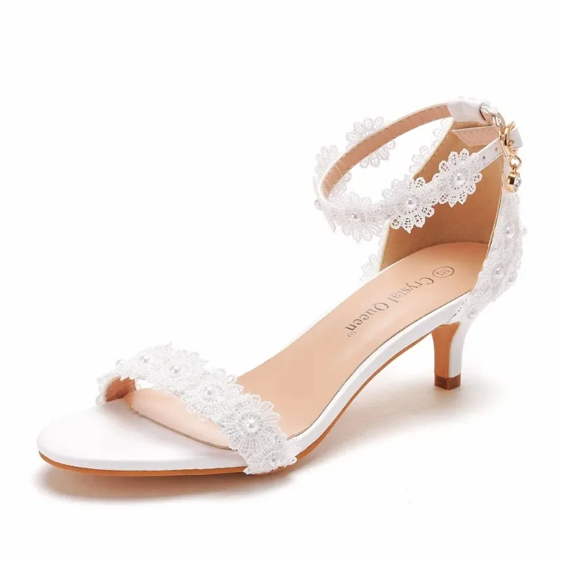 Women Pumps Sexy Wedding Prom Sandals String Bead Buckle Strap PU 5CM Thin Heels Dress Sandals Elegant Women Shoes White