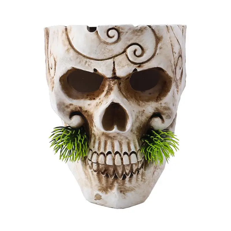 

Skull Vase Goth Plant Pots With Pine Leaves Resin Succulent Planter For Home Unique Plant Pots Indoor Wall Mounted For Halloween