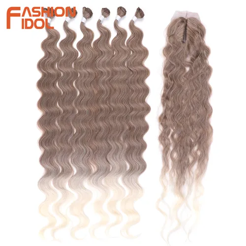 Imagen 2 del producto FASHION IDOL 36 pulgadas 320g pelo ondulado sintético 7 Uds mechones con extensiones de cabello con cierre mechones de pelo marrón ombré
