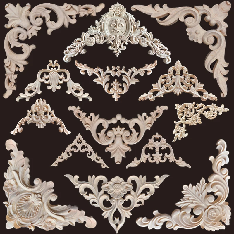 Aplique de flor de canto esculpido em madeira, moldura sem pintura para decoração de armário, casa, junta de canto de madeira, estatuetas de decoração para sala de estar