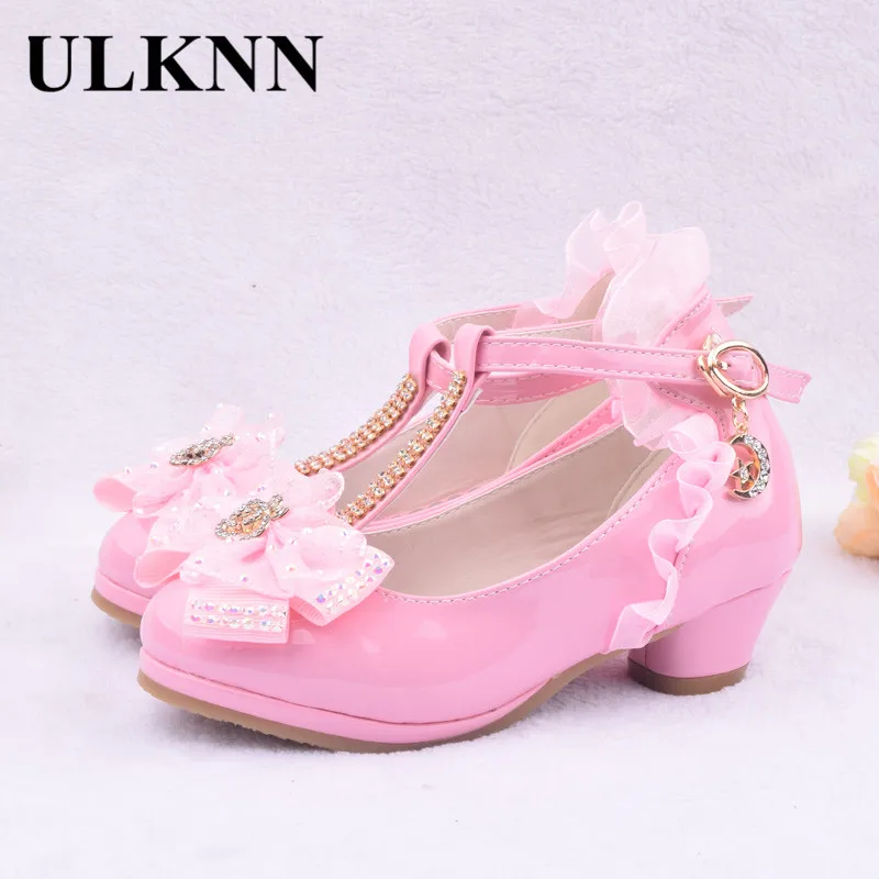 ULKNN Children Party Leather Shoes Girls PU Low Heel Lace Flower Kids Shoes For Girls Single Shoes Dance Dress shoe White Pink