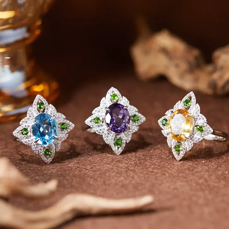 Live stream explosion natural amethyst citrine topaz colored treasure ring female S925 sterling silver factory source