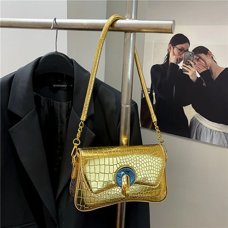 

Crocodile Pattern PU Leather Crossbody Bag Gold Women Handbag Luxury Designer Underarm Shoulder Bag Fashion Black Bag Brand Bols