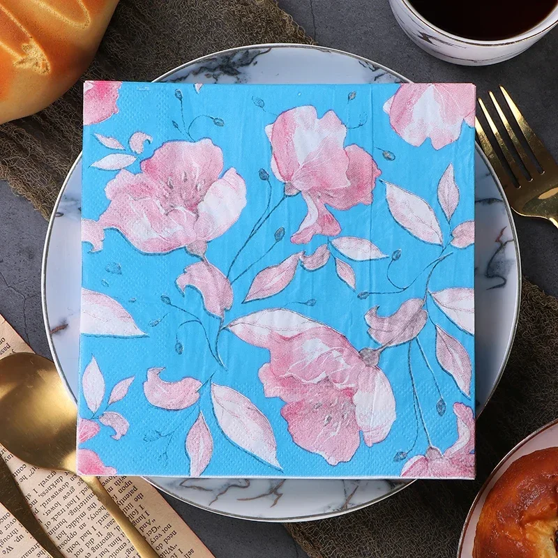 Colorful Printed Napkins Blue Floral Folded Tissue Paper Mouth Cloth Party Baking Square Facial Tissue Food Grade 2 Ply 20pcs