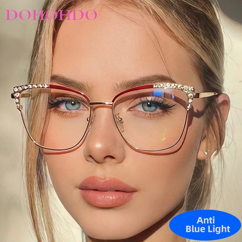 

New Luxury Cat Eye Metal Imitation Diamond Eyewear Men Women Fashion Designer Computer For Office Work Optical Eyeglasses Ladies