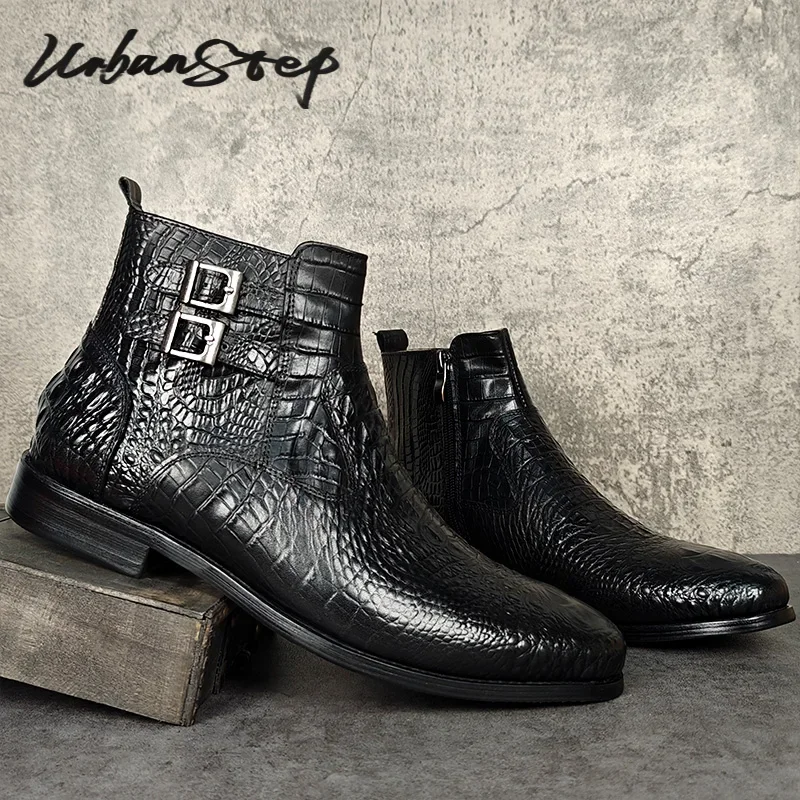 Luxury Men Ankle Boots Shoes Black Crocodile Printed Zipper Chelsea Double Buckle Genuine Leather Dress Men Boots