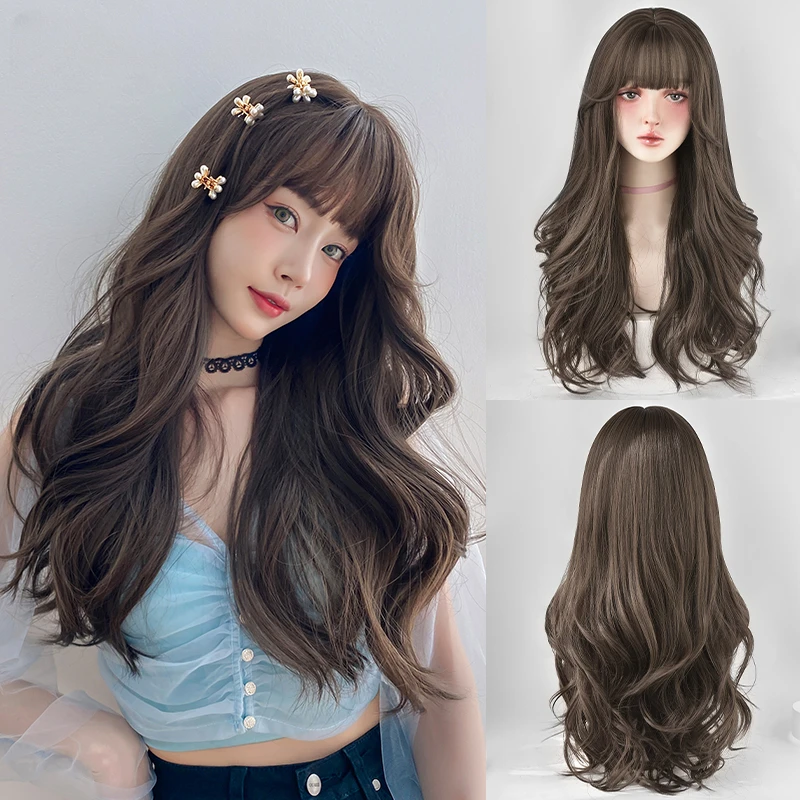 

Routine Loose Body Wavy Brown Hair Women High Density Synthetic Fashion Brown Wave Wigs with Neat Bangs