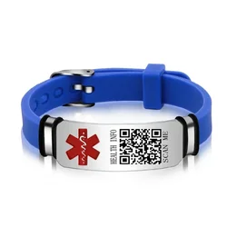 Bracelets de santé réglables en silicone, acier inoxydable, code QR, bricolage, gravure gratuite, aide médicale d'urgence, bijoux de dragonne d'identification