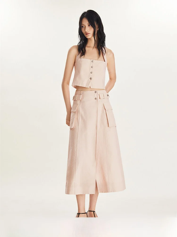 

Square Circle Hanging Neck Strap Top Set Long Pocket Workwear Style Design Half-length Skirt Fashionable Women's Ensemble