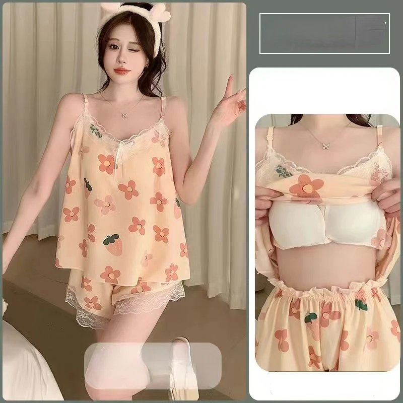 Set piyama wanita manis atasan celana pendek musim panas baju tidur pakaian santai cetak ukuran besar dua potong pakaian tidur setelan tipis piyama baru