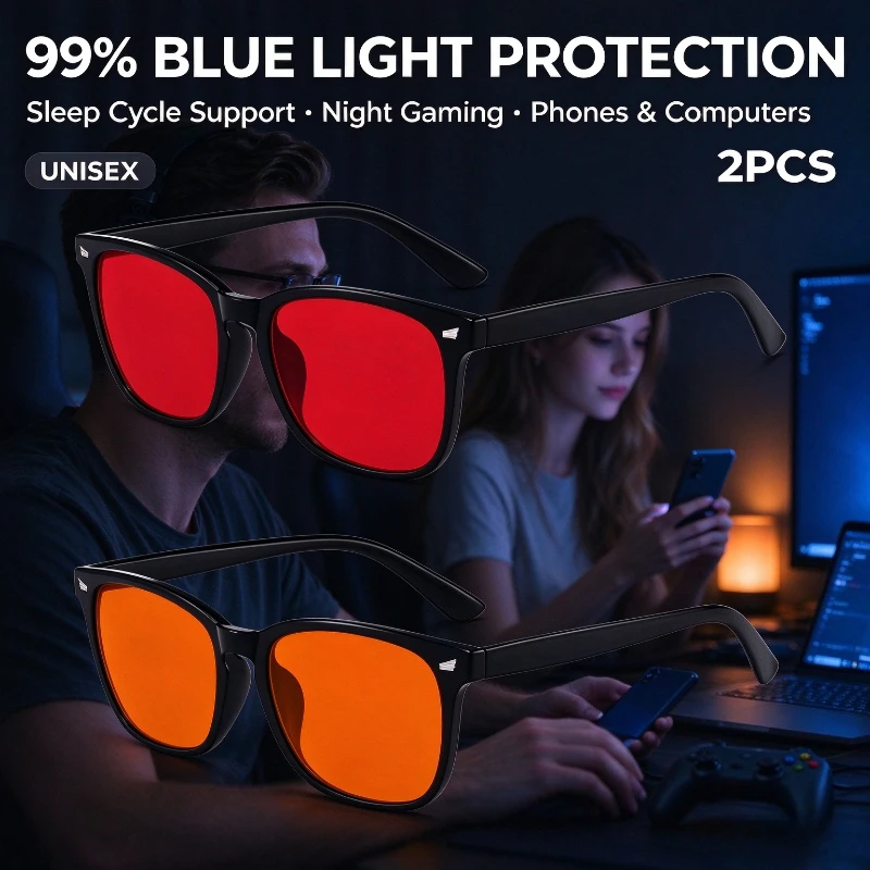 2Pcs Unisex Red Yellow Orange Tinted Anti Blue Light Glasses, Night Sleep Red Lens Filter Eyewear for Eye Strain Relief
