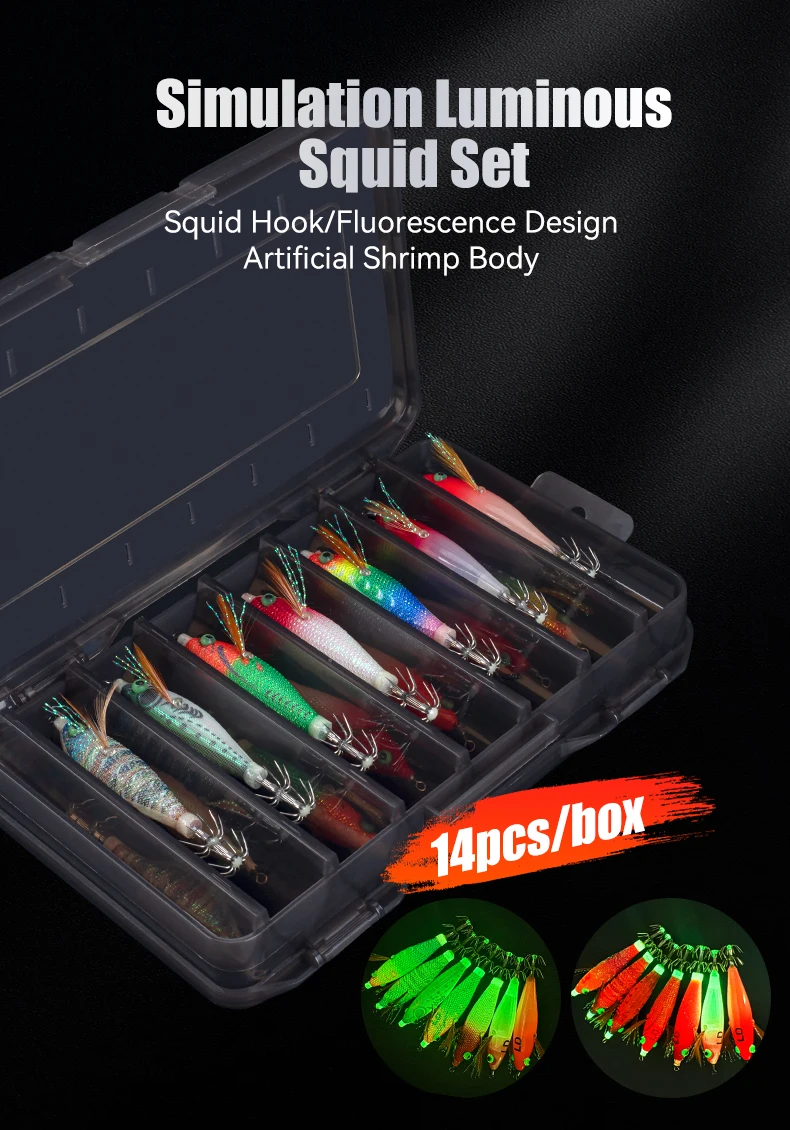 LEYDUN 14 stücke Tintenfisch Angeln Lockt 60mm 70mm Leuchtende Horizontale UV Beschichtung Jig Holz Garnelen Tintenfisch Haken angelgerät Köder – Detail 1