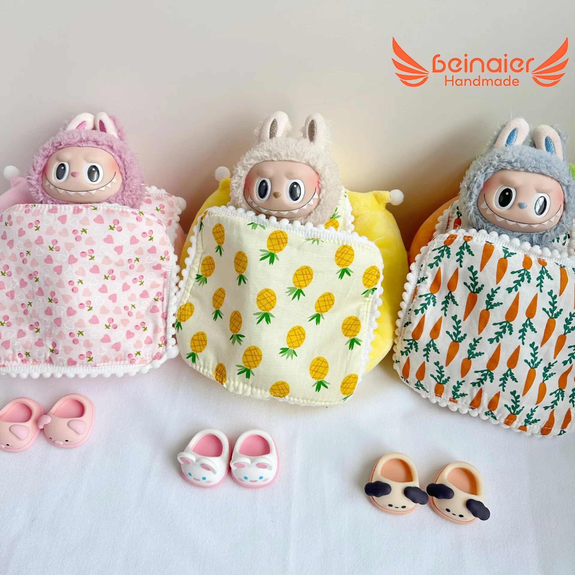 Beinaier Handmade clothes for Labubu Bedding 3-piece Crown Pineapple Cherry Carrot Set