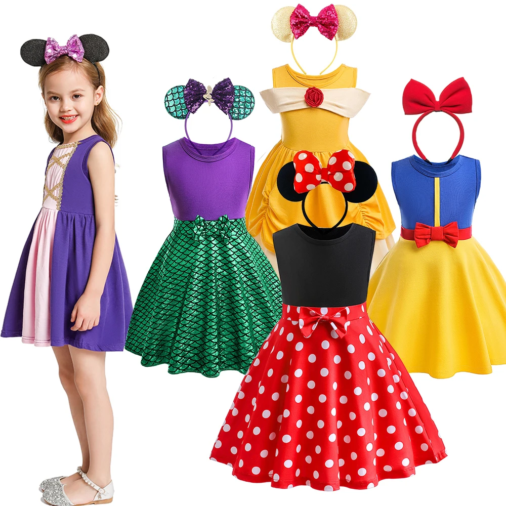 2PCS Disney Princess Girl Dress with Headband Minnie Mouse Mermaid Ariel Child Girl Casual Dress Summer 2024 Rapunzel Snow White