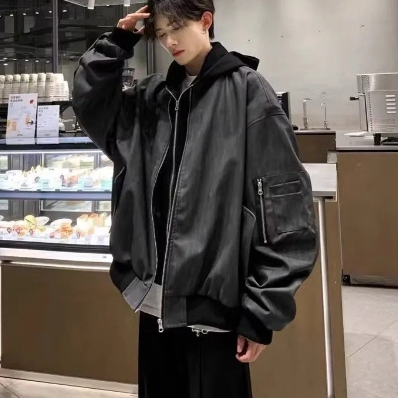 Винтажная мужская куртка-бомбер из искусственной кожи