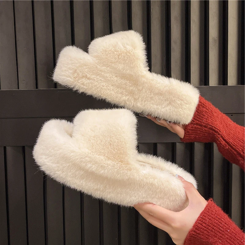 Home Furry Fur Slides Plush Slippers Fluffy Flip Flops Luxury Slip on Platform Women Fashion Shoe 2024 Zapato De Mujer Designer