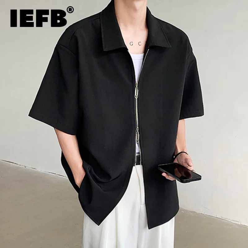 

IEFB New Chic Men's Loose Shirts Lapel Short Sleeve Double Head Zippers Solid Color Male Casual Tops 2024 Summer Tide 9C6141