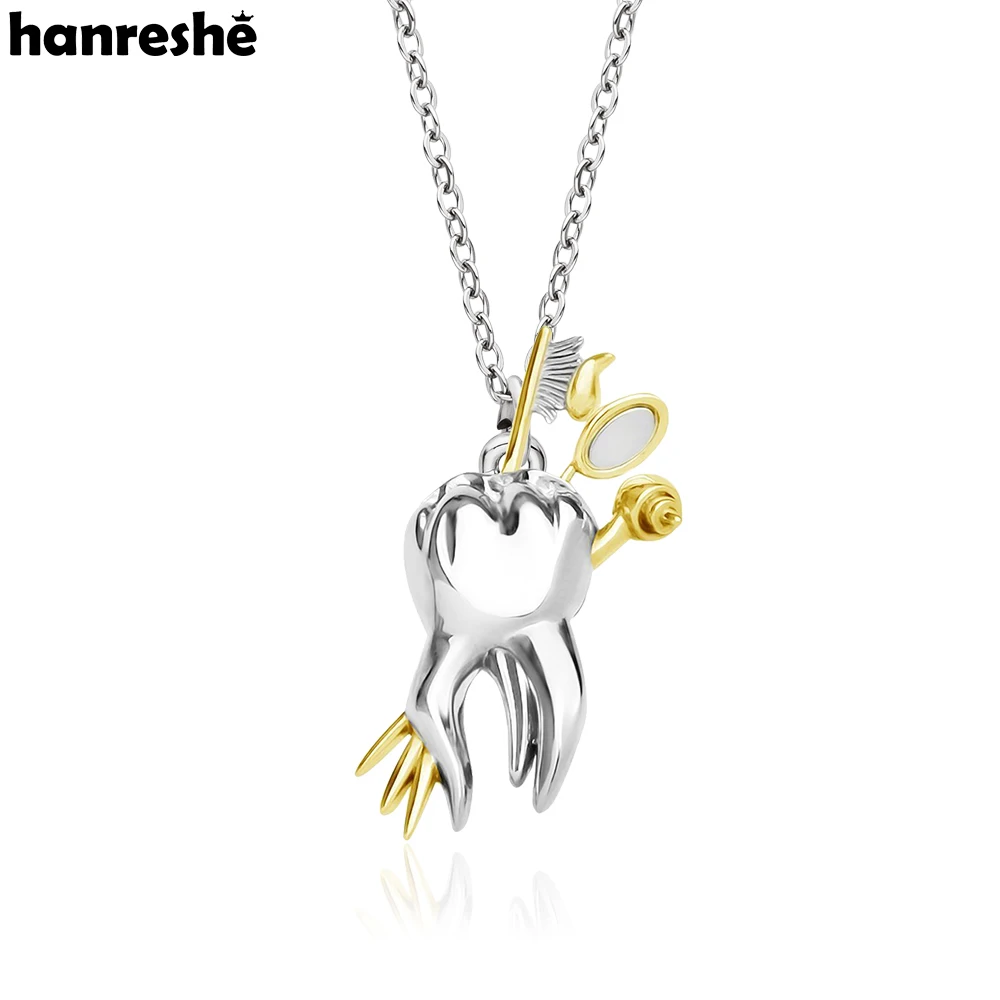 Hanreshe Dental Creative Tooth Pendant Necklace Medical Oral Care Toothbrush Oral Mirror Teeth Necklaces Jewelry for Dentists