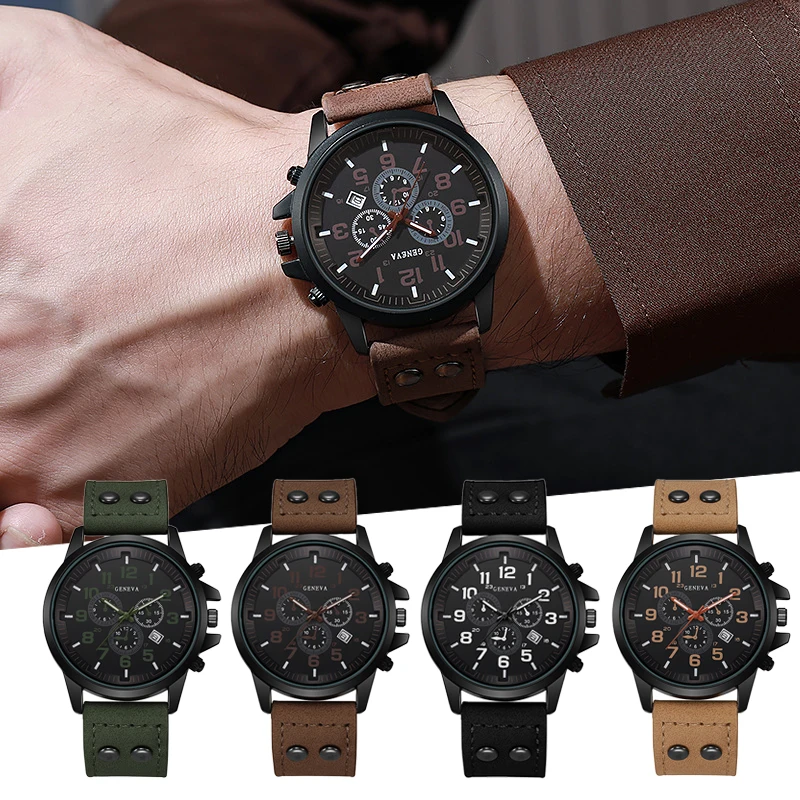 

1PC Men's Watch Casual Leather Band Analog Quartz Watches with Calendar