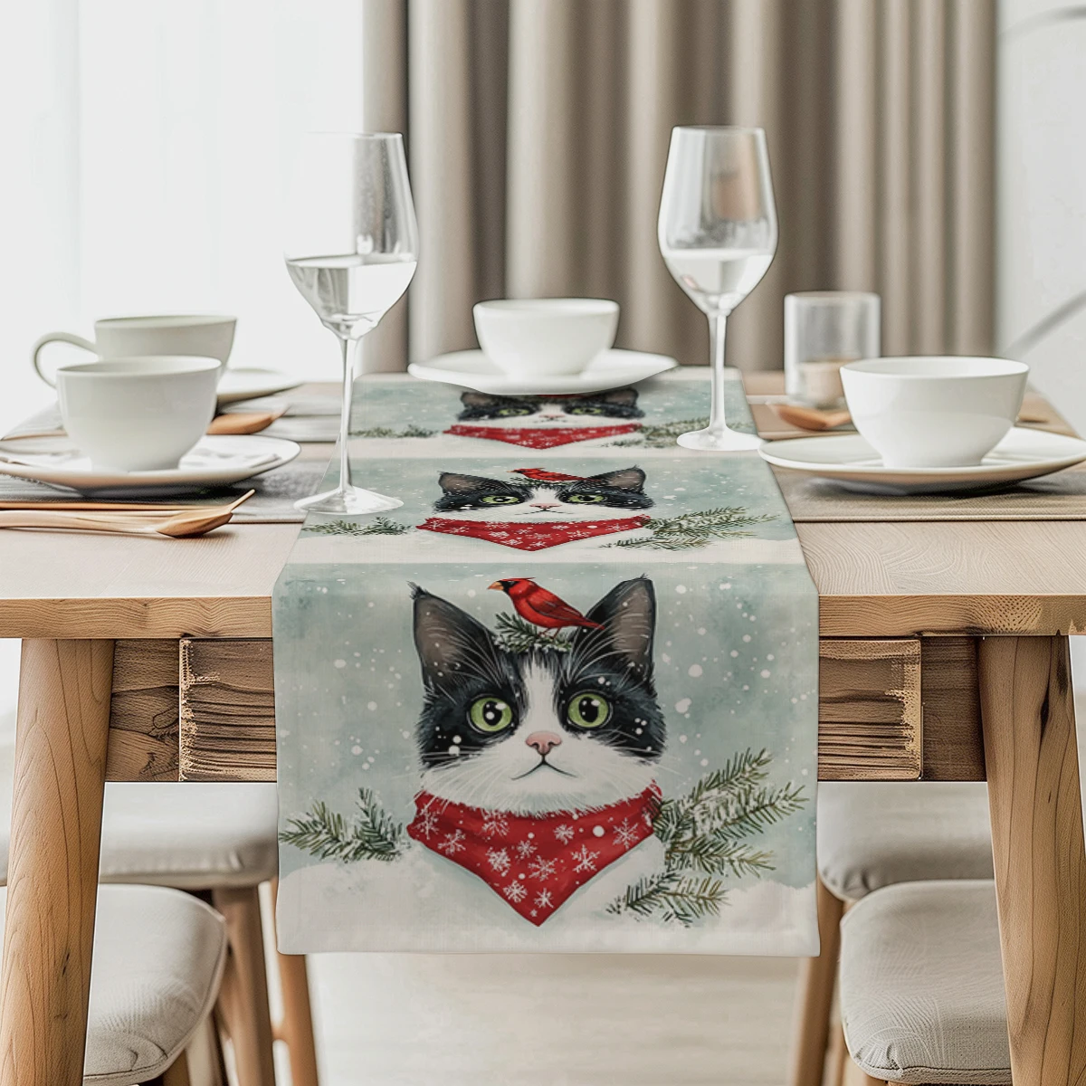 Christmas Pine Cat Table Runners Kitchen Table Decor Farmhouse Washable Dining Table Runner Holiday Party Wedding Decorations