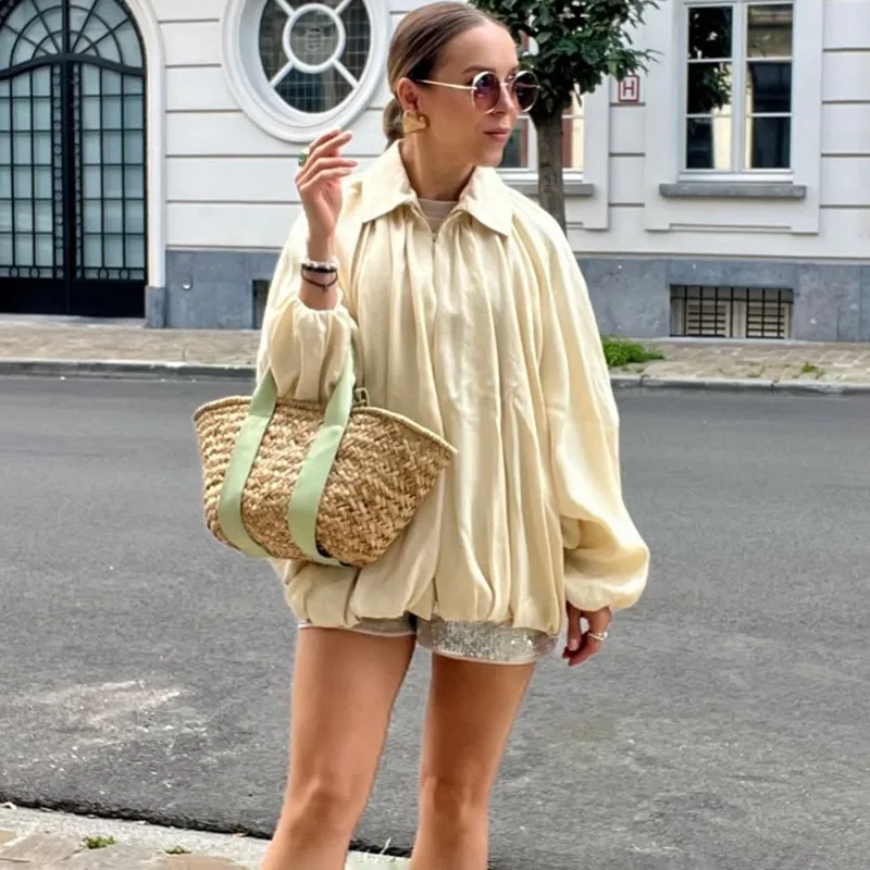 

Talenza Women Fashion Coats Autumn Solid Ruched Loose Long Sleeve Pilot Jacket Casual Office Lady Streetwear New Female Outwear