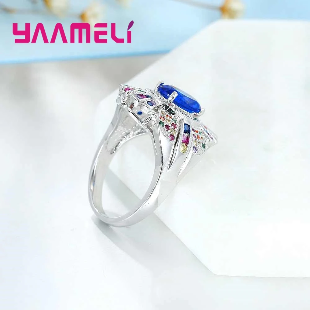 Luxury Elegant Blue Flowers Crystal Embellishment Stone Ring Party Accessories 925 Sterling Silver For Thanksgiving