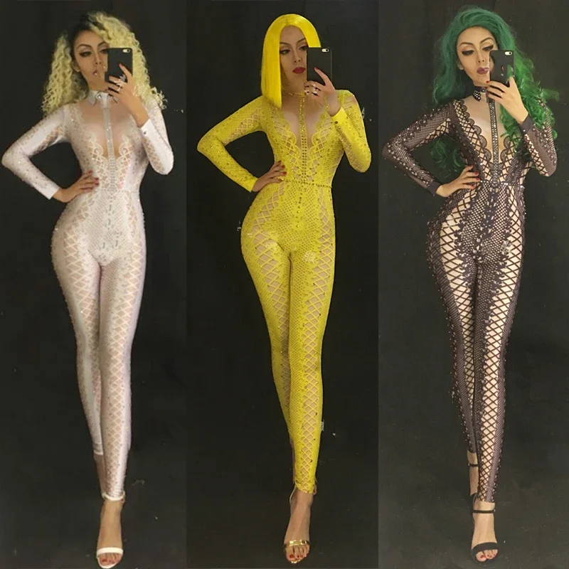 

3-цветный сексуальный эластичный комбинезон со стразами, женские вечерние комбинезоны для певицы Gogo, костюм танцовщицы, сценический наряд для танцев на пилоне XS6133