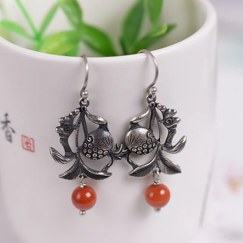 

FNJ 925 Silver Vintage Flower Earrings for Women Jewelry 100% S925 Sterling Silver Drop Earring Red Agate