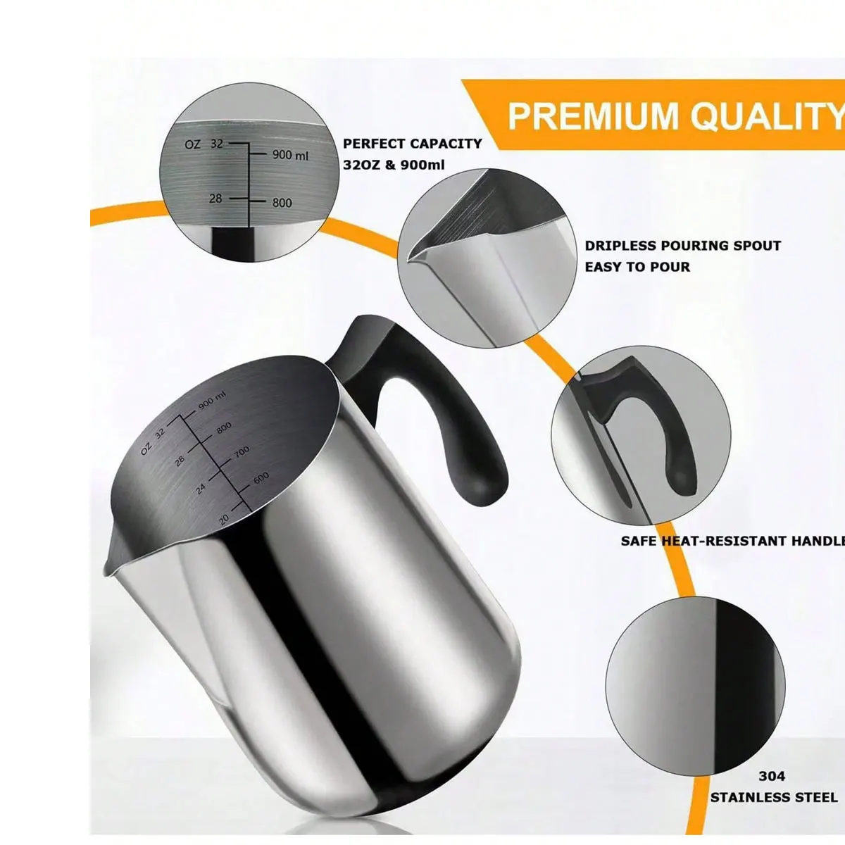 304 Stainless Steel Coffee Latte Art Pitcher with Scale, Commercial Milk Frothing Pitcher with Pointed Spout and Insulated Handle, 1 Piece