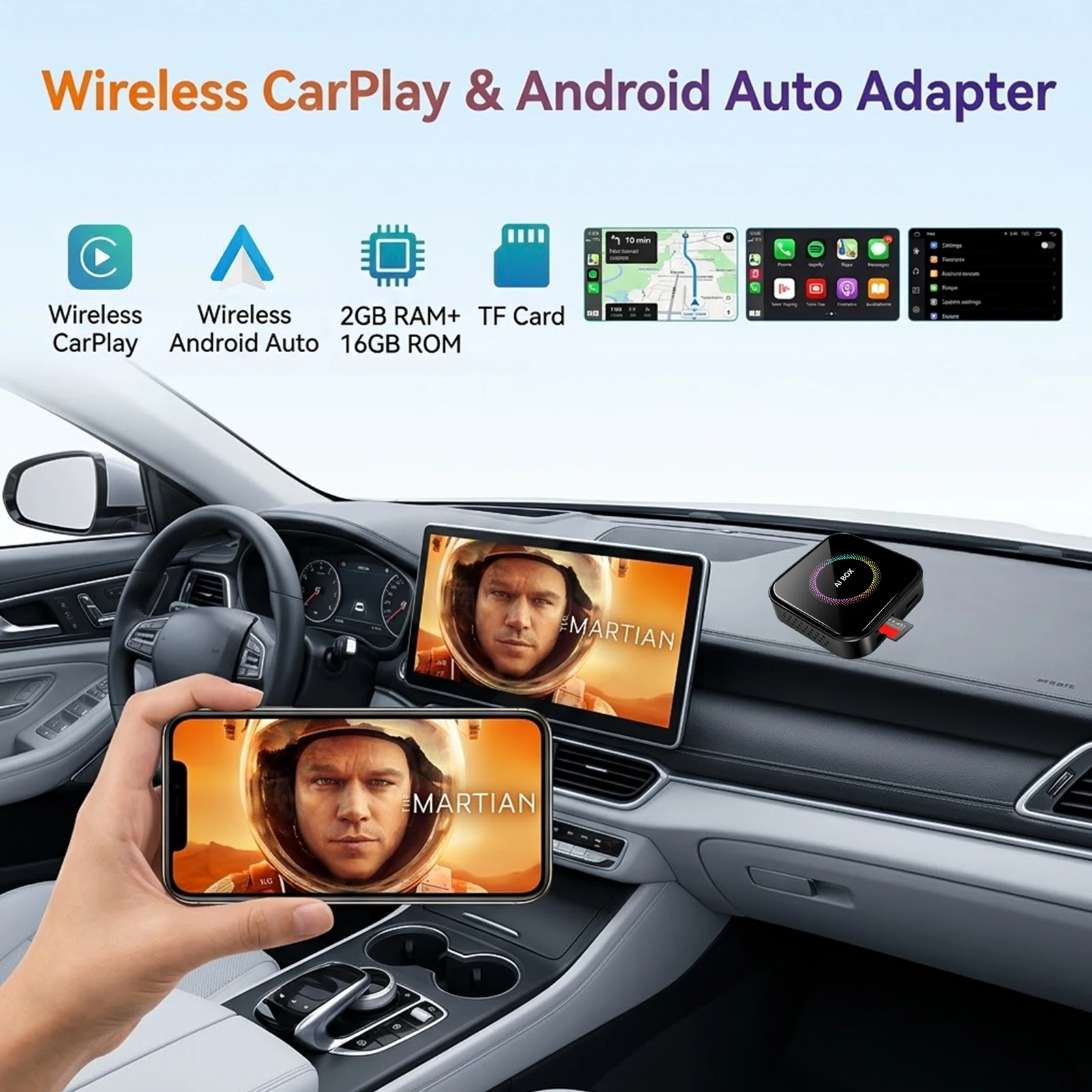 2026 3-in-1 Android 12 CarPlay AI Box Quad-Core Wireless CarPlay Android Auto HDMI Netflix YouTube Screen Mirroring for OEM Cars