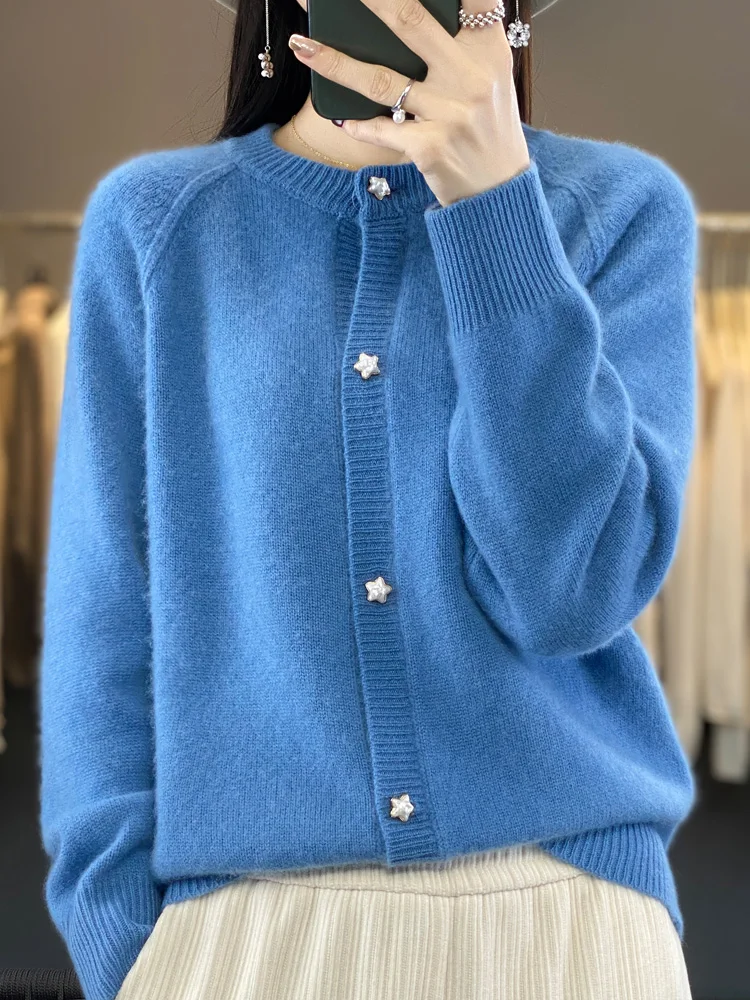 Autumn Winter Women Button O-Neck Cardigan Cashmere Sweater 100% Merino Wool Thick Knitwear Female Grace Soft Casual New Top