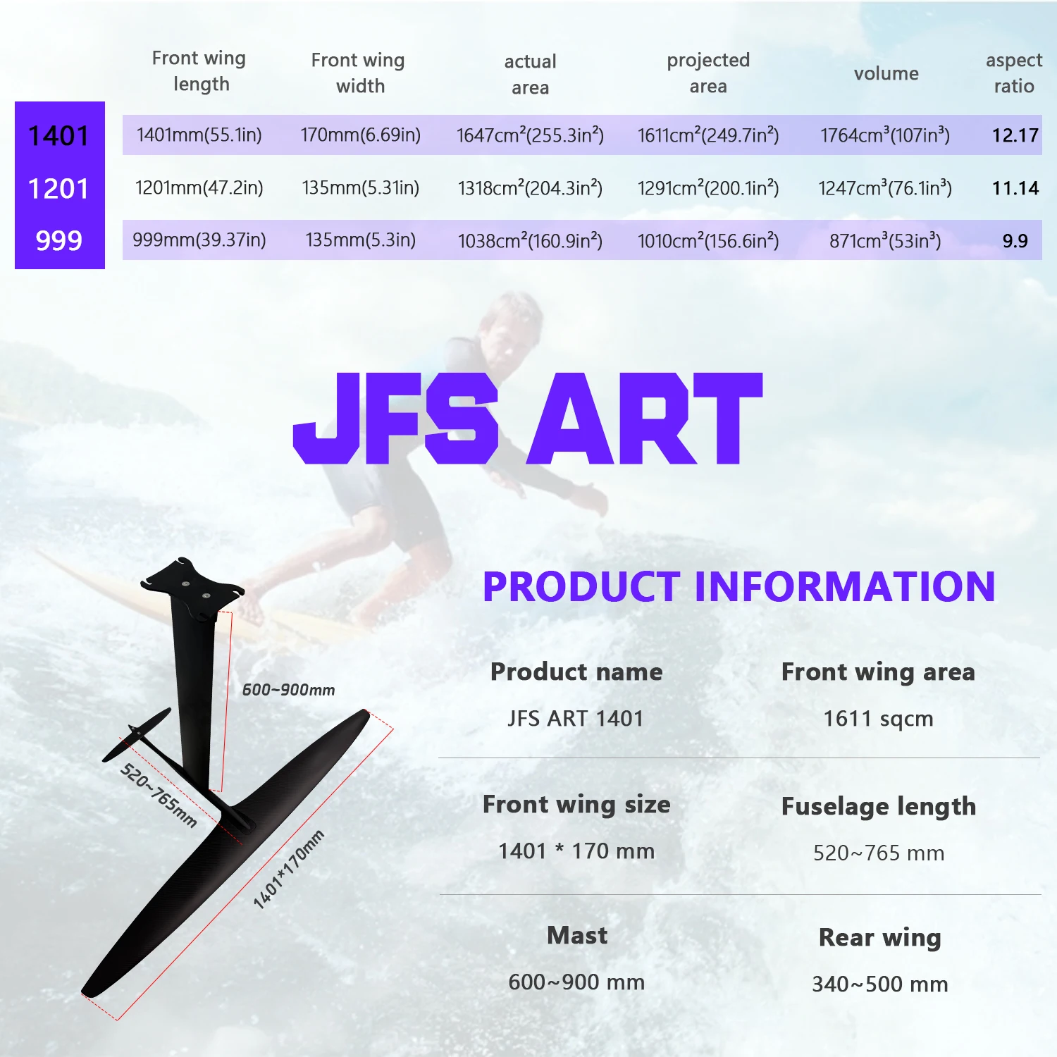 لوح ركوب الأمواج Hydrofoil للجنسين ART1401 تصميم جديد 1611 مربع سم لركوب الأمواج في المحيط #4