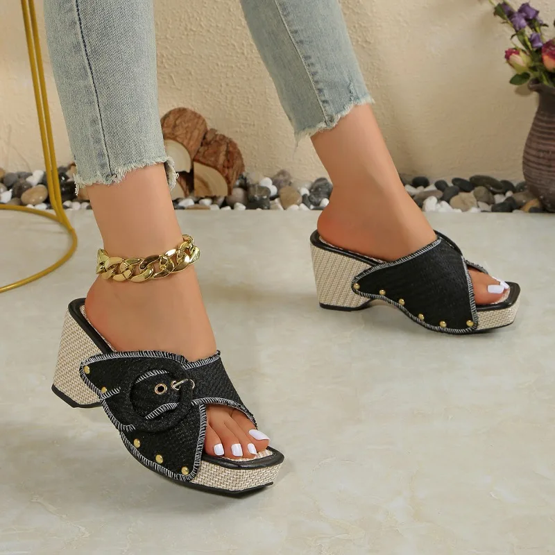 

Summer Women's Sandals Beach Shoes Retro High Heel Sandals Fashionable Black Belt Buckle Casual Wedges Sandales Femmes
