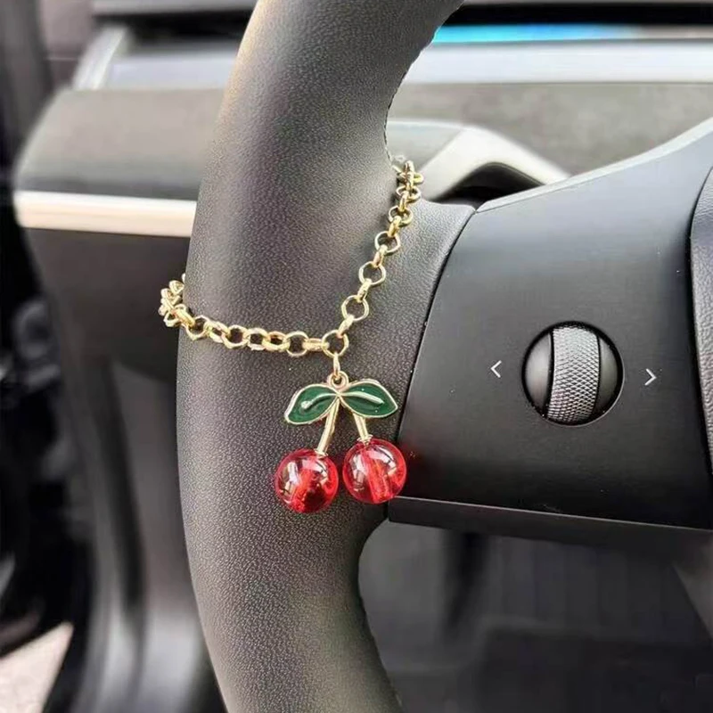 Sparkling Rhinestone Cherry Chain Car Steering Wheel Decoration Exquisite Elegant Interior Decoration Unique Bracelet Pendant