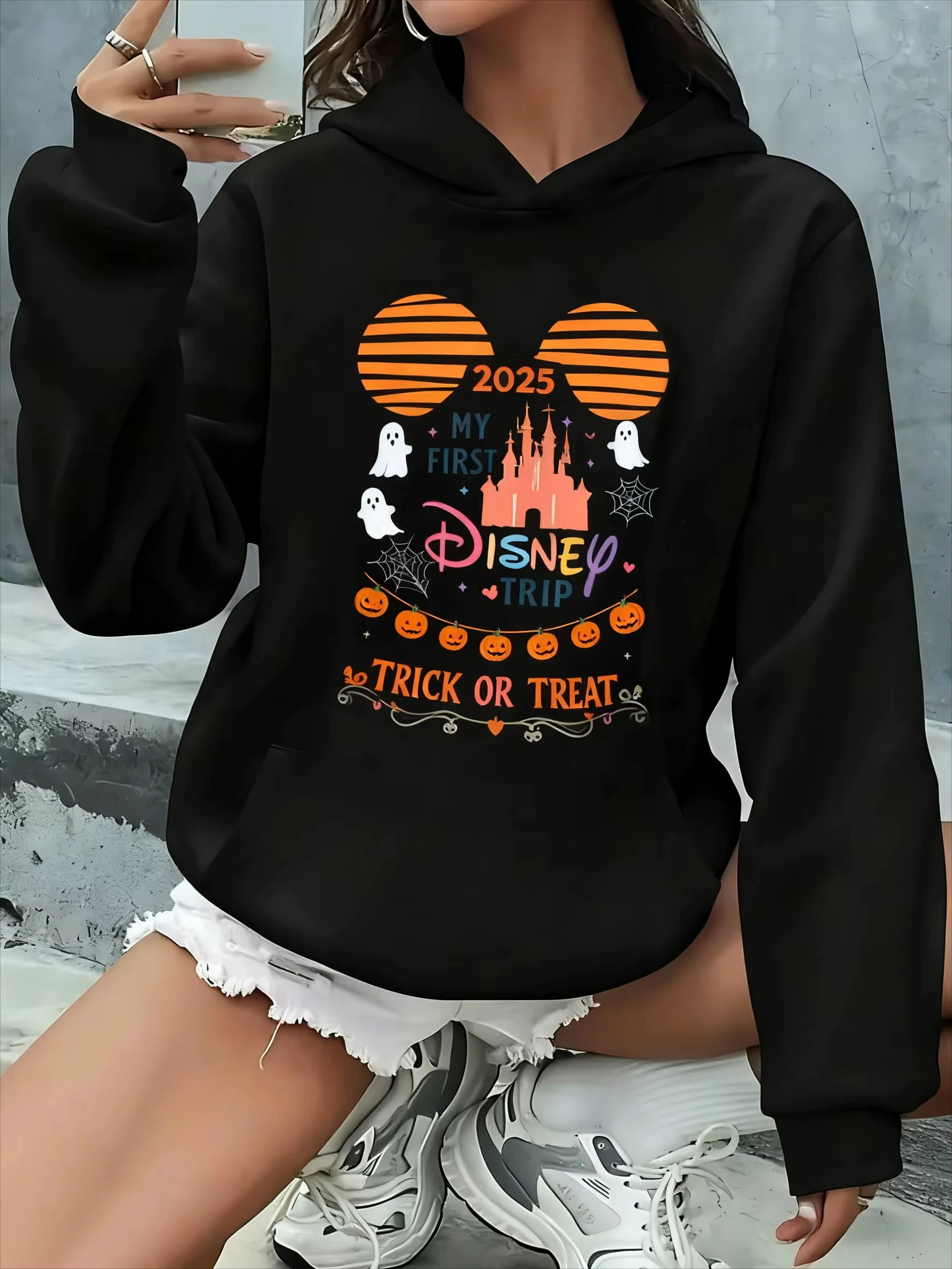 ديزني جودة عالية هالوين ميكي ماوس طباعة المرأة هوديي هوديي أزياء السفر هوديي أربعة مواسم عارضة الحرارية هوديي