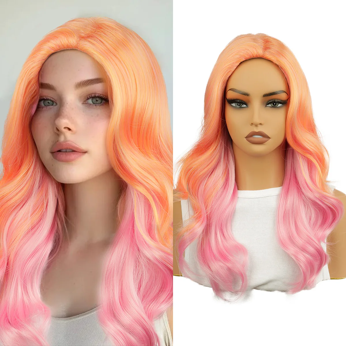 Orange pink highlights wavy partial wig female long curly hair chemical fiber full head cover coswig