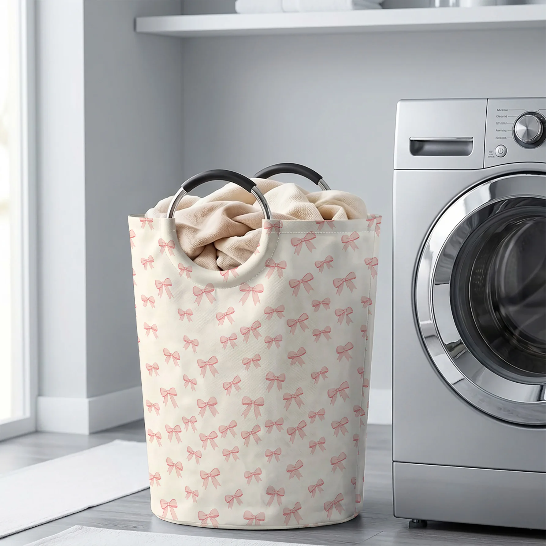 Pink Bow Pattern Handheld Storage Basket, For Laundry, Bedroom & Home Sundries Storage