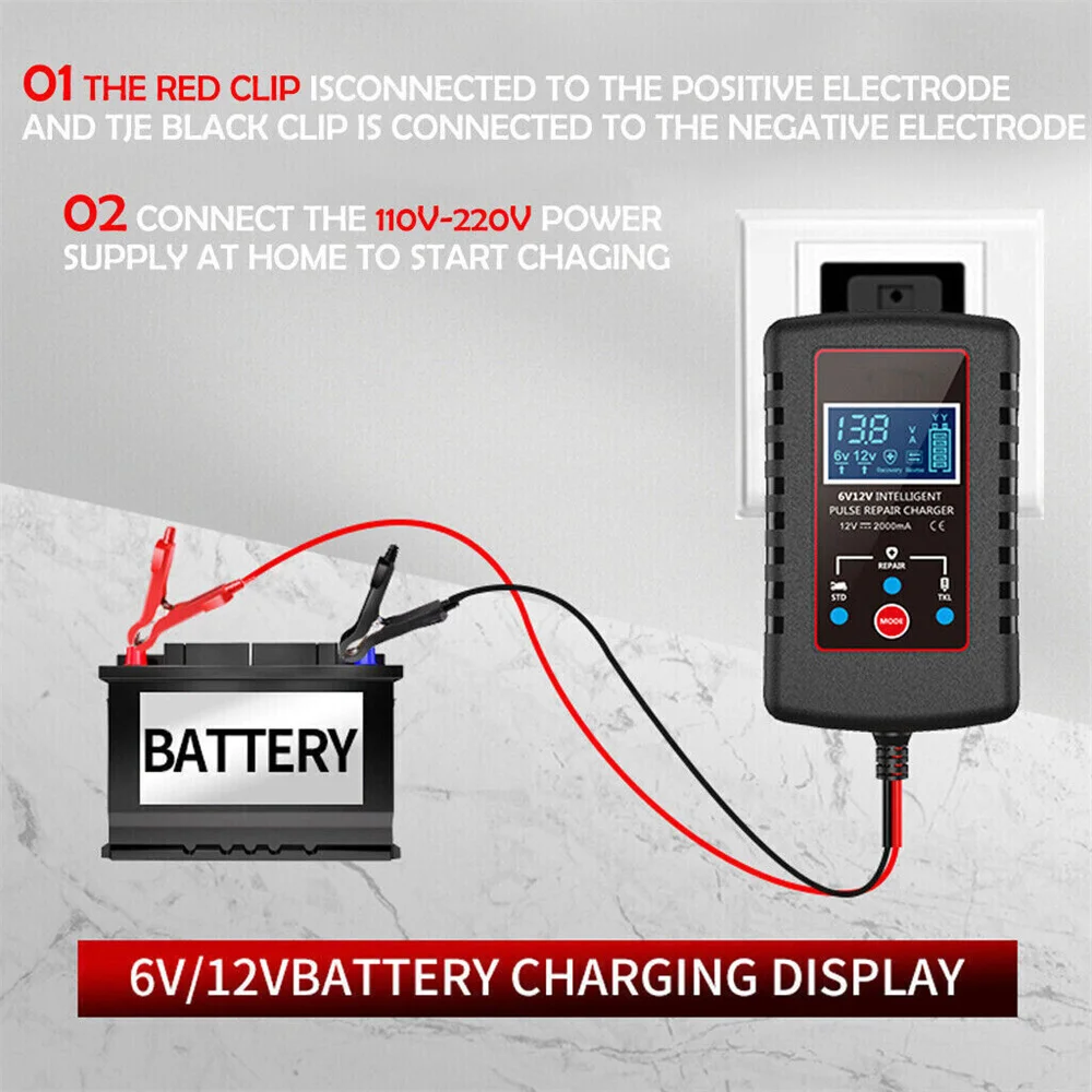 6V 12V Car Motorcycle Battery Charger Digital LCD Display Suitable for Motorcycle Lawn Mower Tractor Lead Acid AGM Gel Battery