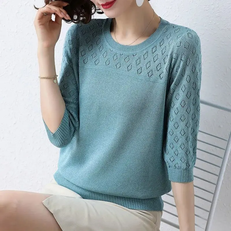 Women\'s Fashion Hollow Solid Elegant Thin Basic Knitwear 2024 Spring Summer Simple Casual O Neck 3/4 Sleeve Loose Pullover Tops