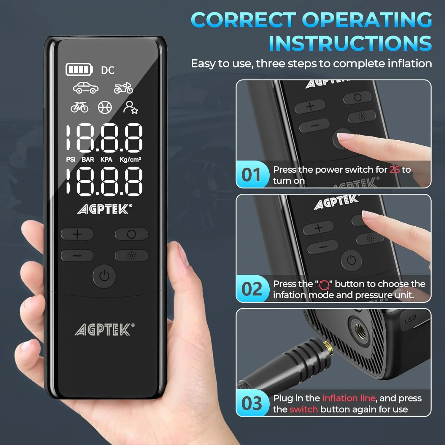 Portable Tire Inflator 150PSI Electric Air Pump with LCD & LED Light for Cars, Bikes, Motorcycles, Balls