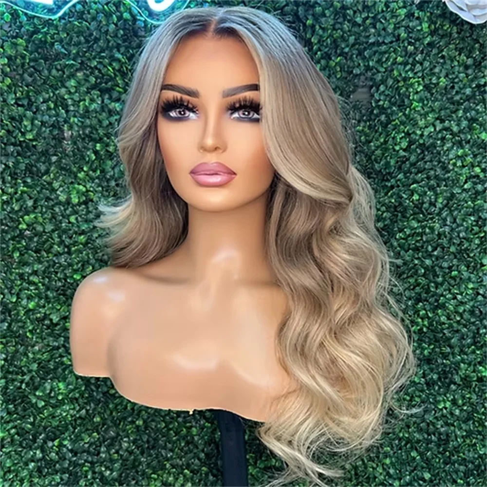 Ash Dark Brown Roots Beige Blonde Highlights Synthetic Wig Long Wavy Wigs for Women Heat Resistant Fibre Lace Front Wig 13x4